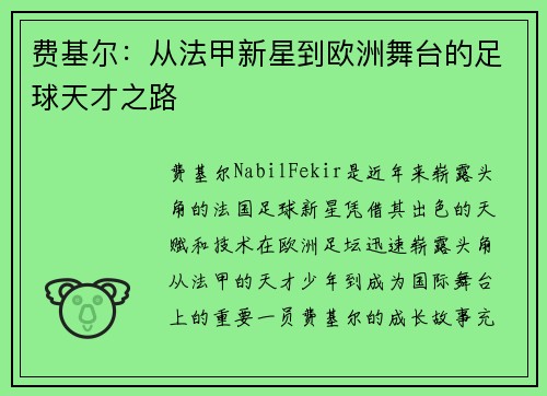 费基尔：从法甲新星到欧洲舞台的足球天才之路