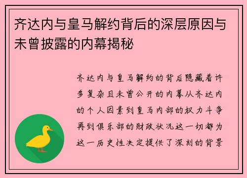 齐达内与皇马解约背后的深层原因与未曾披露的内幕揭秘